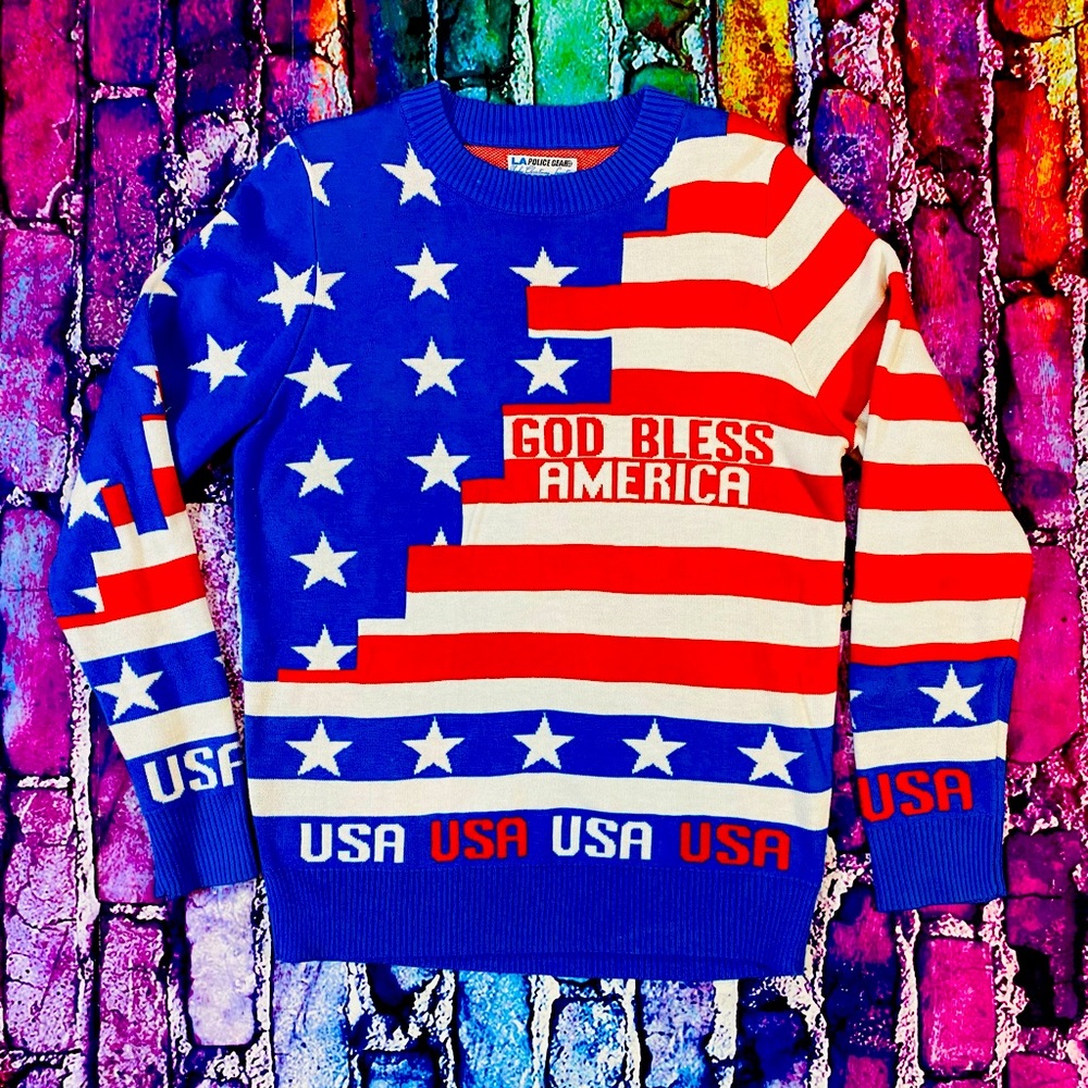LA Police Gear Men's God bless America Flag USA Ugly Christmas Sweater Size M